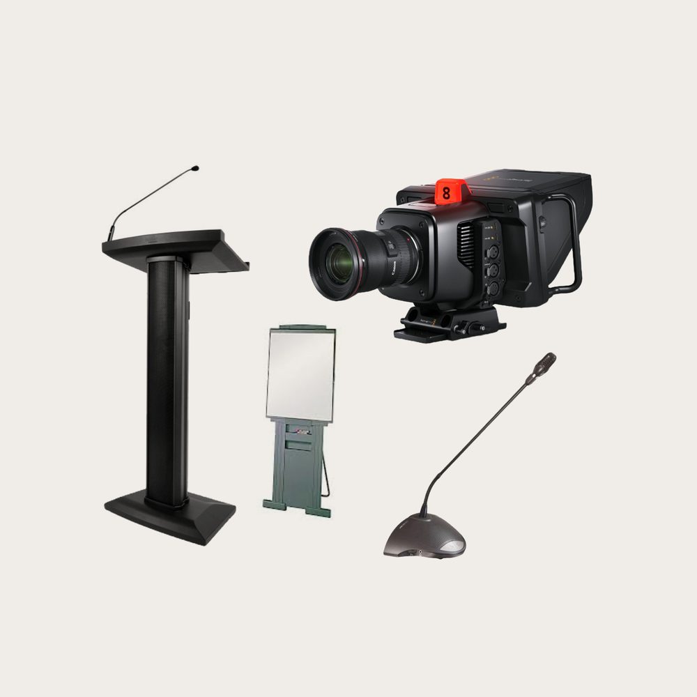 Corporate AV production equipment — podium, gooseneck microphone, camera New Jersey