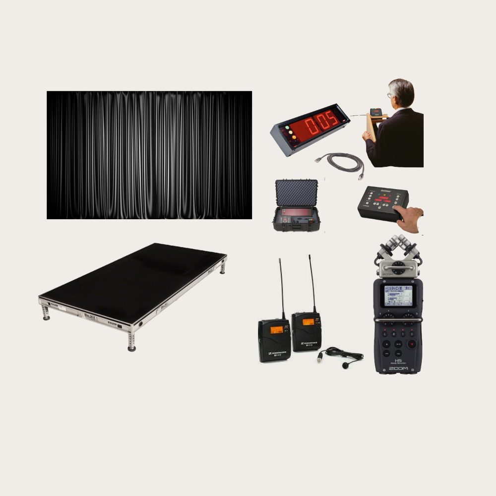 Event essentials rentals — pipe and drape, staging, wireless lavalier, countdown timer New Jersey
