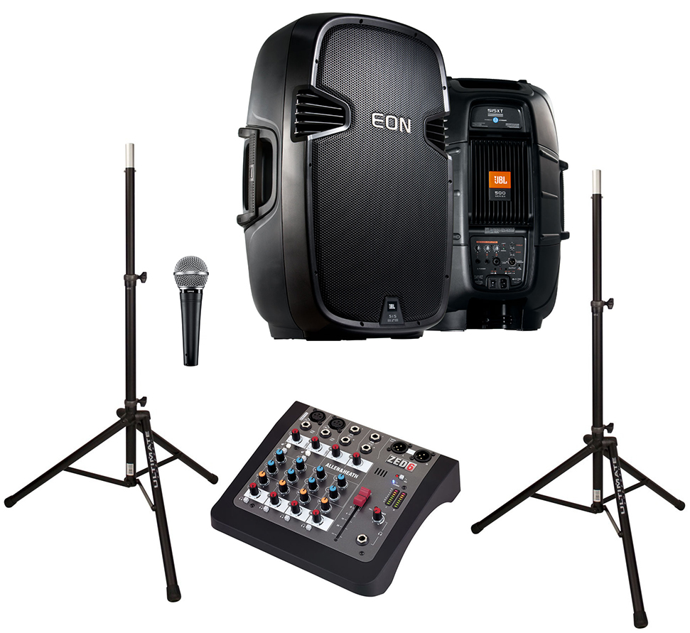 JBL EON powered speaker Allen Heath ZED-6 mixer microphone and stands party sound system rental Ocean County NJ